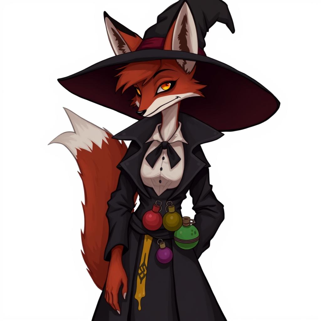 A slender, medium-height anthropomorphic vixen with the distinctive reddish and white fur of a fox, dressed in the traditional plague doctor's attire