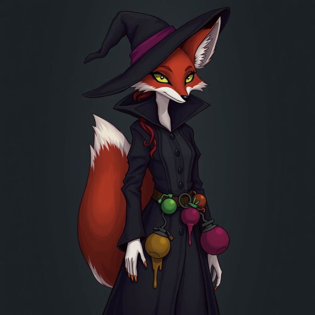 A slender, medium-height anthropomorphic vixen with the distinctive reddish and white fur of a fox, dressed in the traditional plague doctor's attire