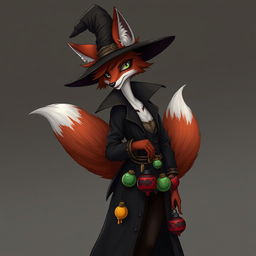 A slender, medium-height anthropomorphic vixen with the distinctive reddish and white fur of a fox, dressed in the traditional plague doctor's attire