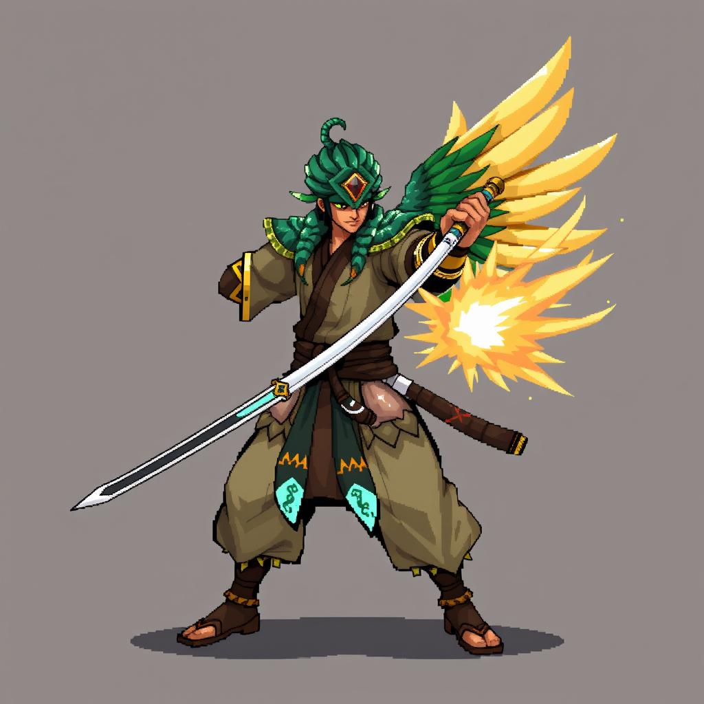 Create a main character sprite in pixel art for a character called Martial Artist Quetzal Samurai