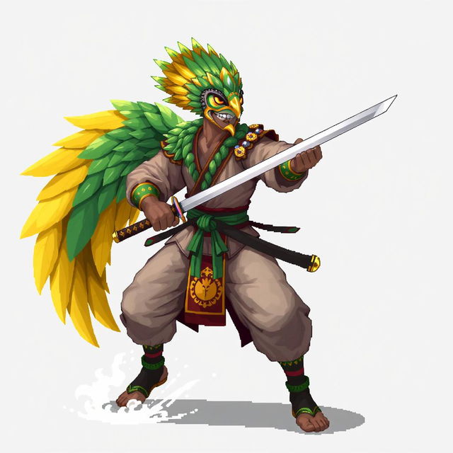 Create a main character sprite in pixel art for a character called Martial Artist Quetzal Samurai