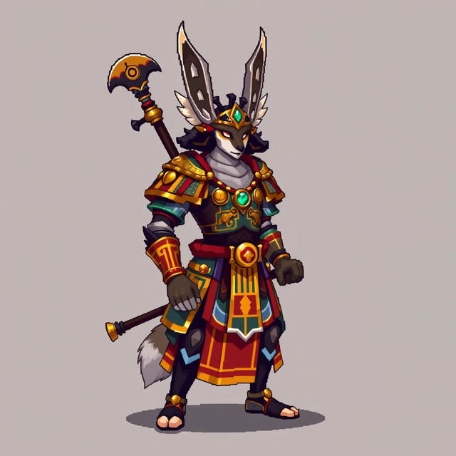 Create a main character sprite in pixel art for a character called Shogun Coyote Tlatoani