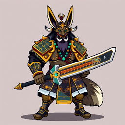 Create a main character sprite in pixel art for a character called Shogun Coyote Tlatoani