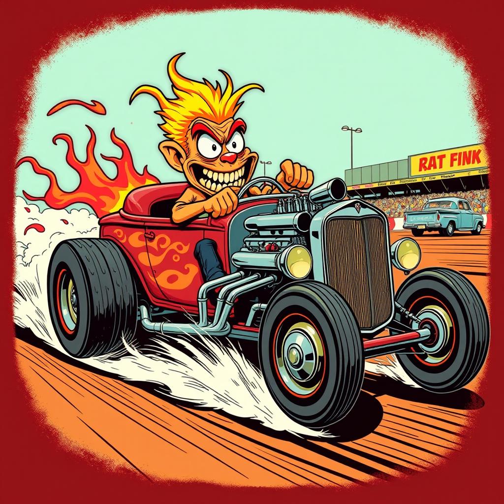 Create a vintage style artwork featuring Rat Fink driving a classic hot rod