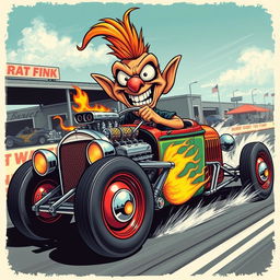 Create a vintage style artwork featuring Rat Fink driving a classic hot rod