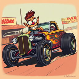 Create a vintage style artwork featuring Rat Fink driving a classic hot rod