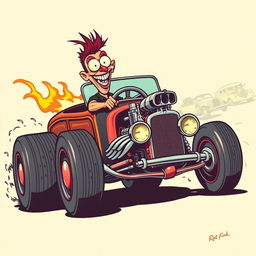 Create a vintage style artwork featuring Rat Fink driving a classic hot rod