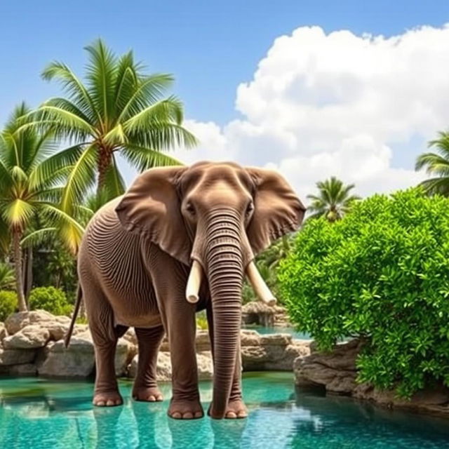 A majestic elephant standing against the backdrop of a lush oasis