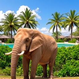 A majestic elephant standing against the backdrop of a lush oasis