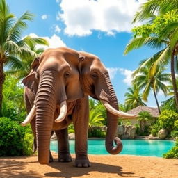 A majestic elephant standing against the backdrop of a lush oasis