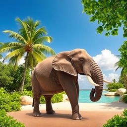 A majestic elephant standing against the backdrop of a lush oasis