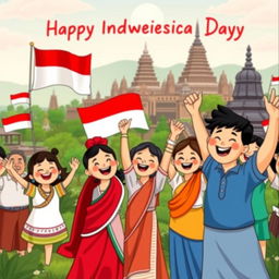 A vibrant and celebratory cartoon depicting Indonesia's independence day