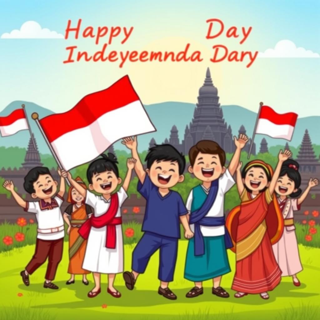 A vibrant and celebratory cartoon depicting Indonesia's independence day