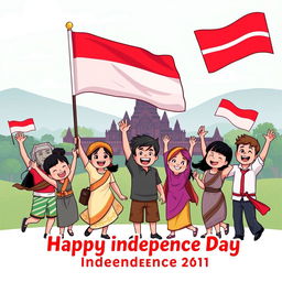 A vibrant and celebratory cartoon depicting Indonesia's independence day