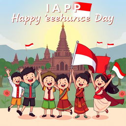 A vibrant and celebratory cartoon depicting Indonesia's independence day