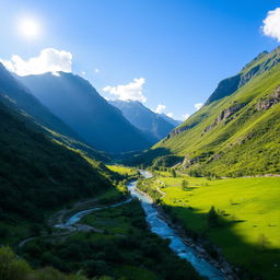 A beautiful landscape with mountains, a river flowing through a lush green valley, and a clear blue sky