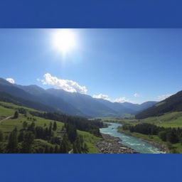 A beautiful landscape with mountains, a river flowing through a lush green valley, and a clear blue sky