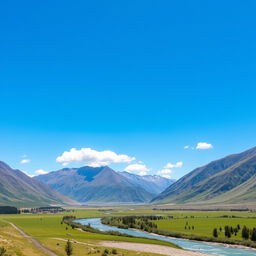 A beautiful landscape with mountains, a river flowing through a lush green valley, and a clear blue sky