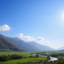 A beautiful landscape with mountains, a river flowing through a lush green valley, and a clear blue sky