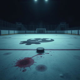 A mysterious hockey scene set on a dimly lit rink at night