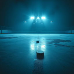 A mysterious hockey scene set on a dimly lit rink at night