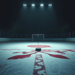 A mysterious hockey scene set on a dimly lit rink at night