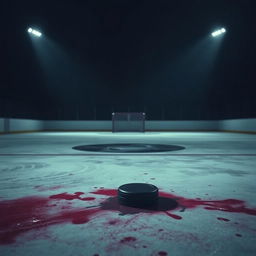 A mysterious hockey scene set on a dimly lit rink at night