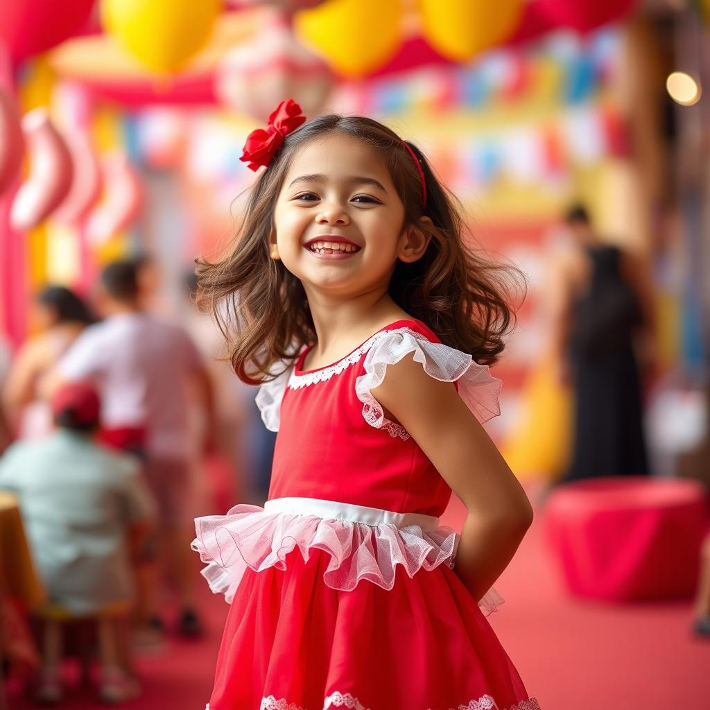 A happy girl wearing a red and white dress, standing in a joyful pose