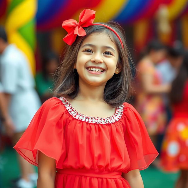 A happy girl wearing a red and white dress, standing in a joyful pose