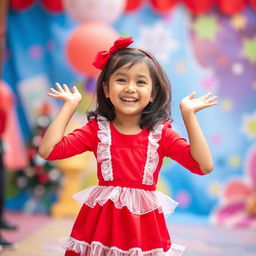 A happy girl wearing a red and white dress, standing in a joyful pose