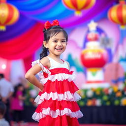 A happy girl wearing a red and white dress, standing in a joyful pose