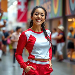 A happy woman wearing a red and white sports outfit, standing in a joyful pose