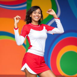 A happy woman wearing a red and white sports outfit, standing in a joyful pose