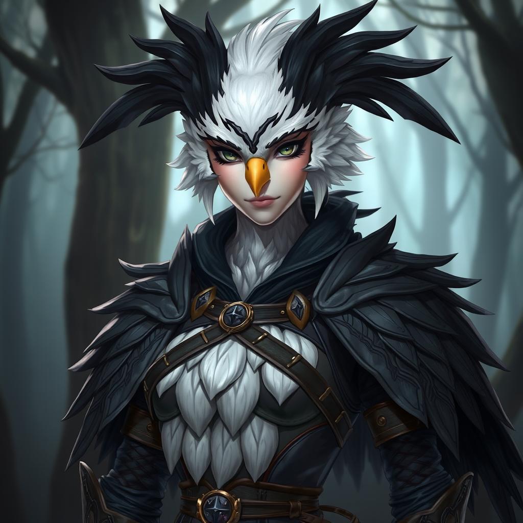 A female bird humanoid character with black and white feathers, wearing detailed leather armor