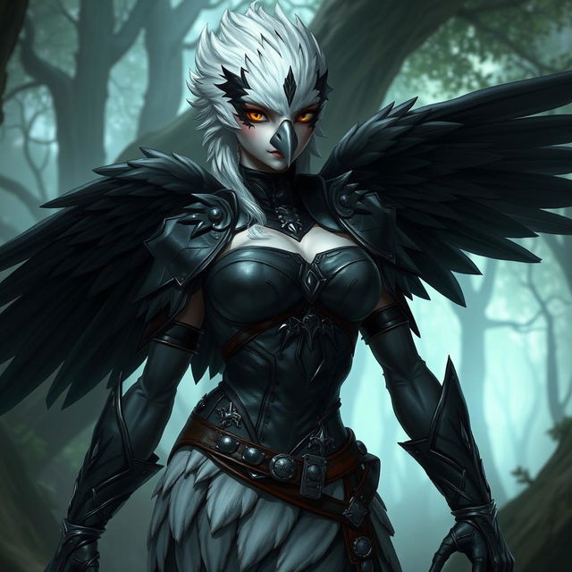 A female bird humanoid character with black and white feathers, wearing detailed leather armor