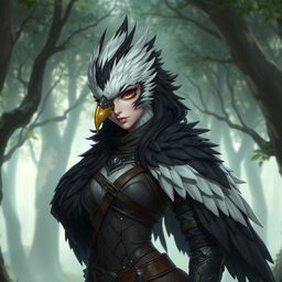 A female bird humanoid character with black and white feathers, wearing detailed leather armor