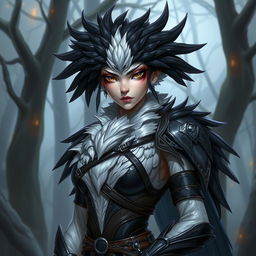 A female bird humanoid character with black and white feathers, wearing detailed leather armor