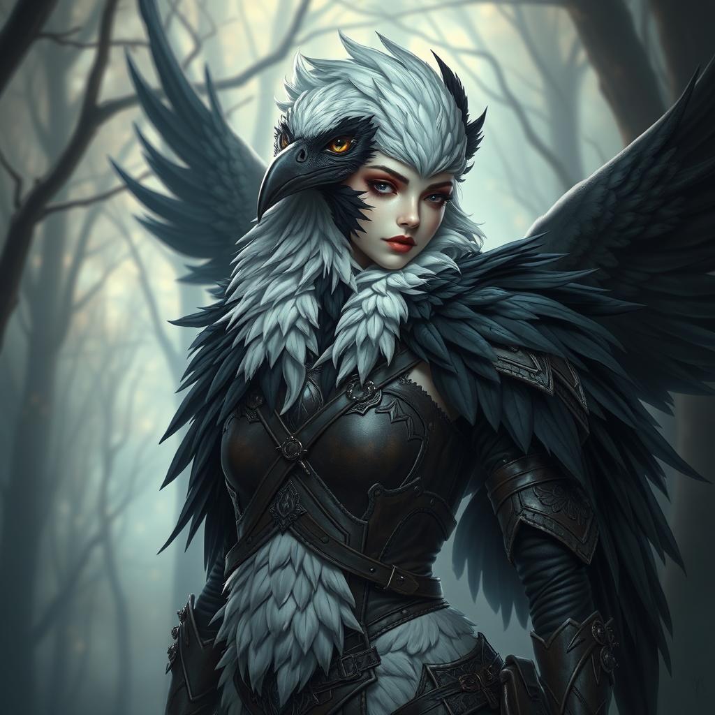 A female bird lady with black and white feathers, adorned in intricate leather armor