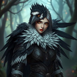 A female bird lady with black and white feathers, adorned in intricate leather armor