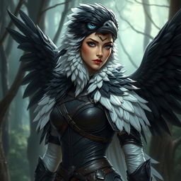 A female bird lady with black and white feathers, adorned in intricate leather armor