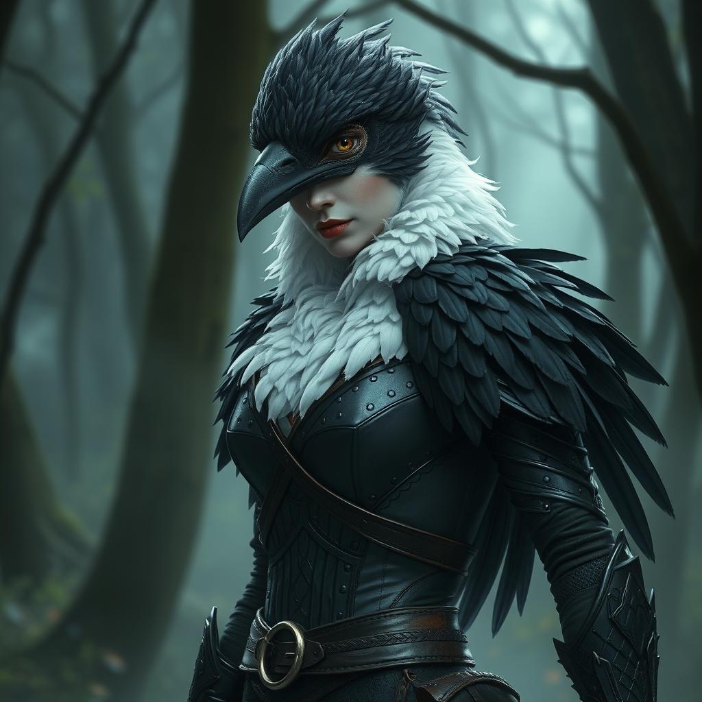 A bird lady with black and white feathers, wearing detailed leather armor