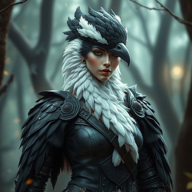 A bird lady with black and white feathers, wearing detailed leather armor