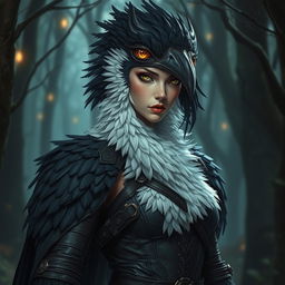 A bird lady with black and white feathers, wearing detailed leather armor