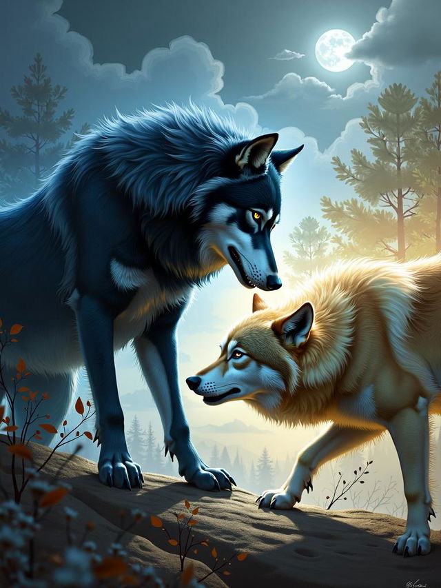 Create a book cover featuring two wolves locked in battle, one representing darkness and despair, the other light and hope