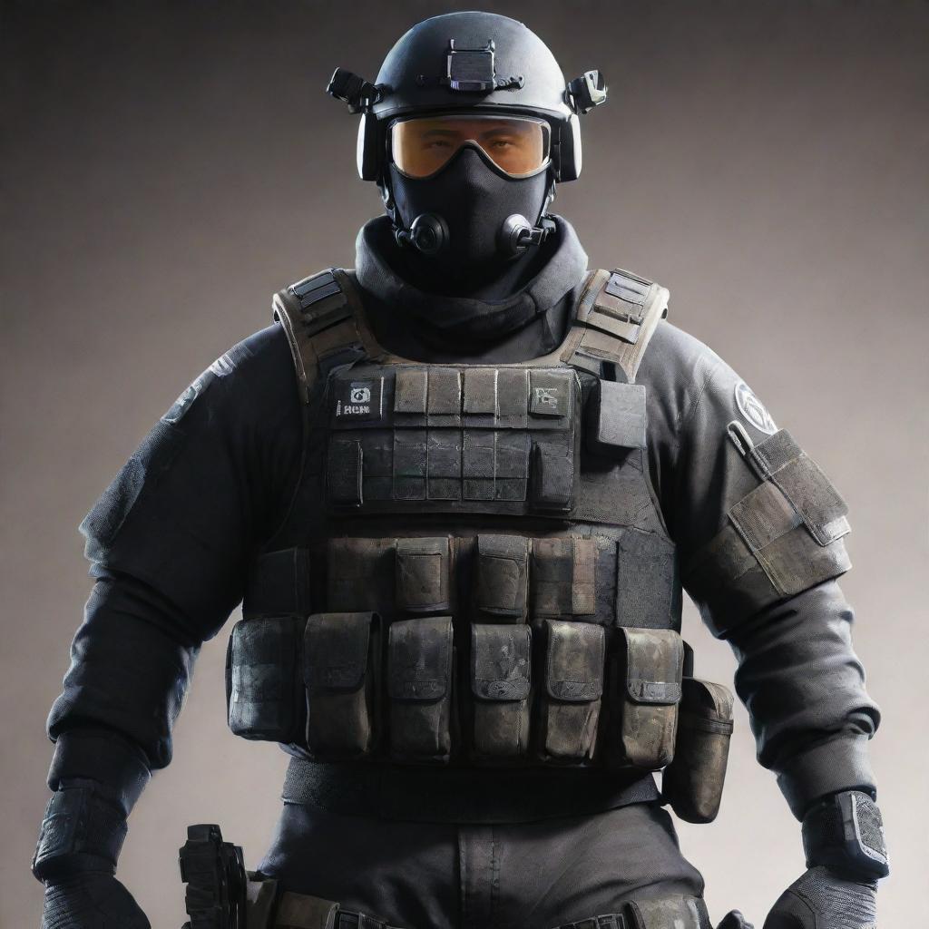 A character from the game 'Tom Clancy's Rainbow Six Siege' fully equipped with tactical gear, standing ready for action with a grim expression.