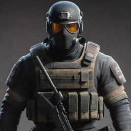 A character from the game 'Tom Clancy's Rainbow Six Siege' fully equipped with tactical gear, standing ready for action with a grim expression.