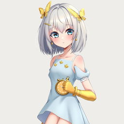 A slender tall anime woman with shoulder-length silver blonde hair, adorned with gold butterfly clips and front bangs, and gold butterfly earrings