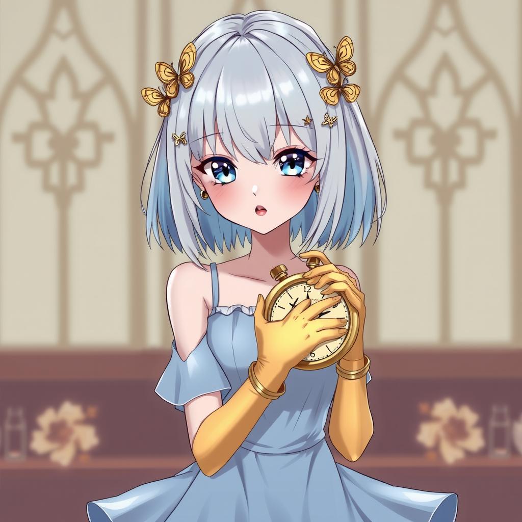 A slender tall anime woman with shoulder-length silver blonde hair, adorned with gold butterfly clips and front bangs, and gold butterfly earrings