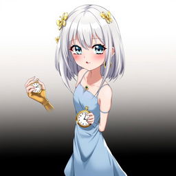 A slender tall anime woman with shoulder-length silver blonde hair, adorned with gold butterfly clips and front bangs, and gold butterfly earrings