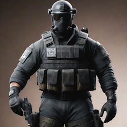 A character from the game 'Tom Clancy's Rainbow Six Siege' fully equipped with tactical gear, standing ready for action with a grim expression.